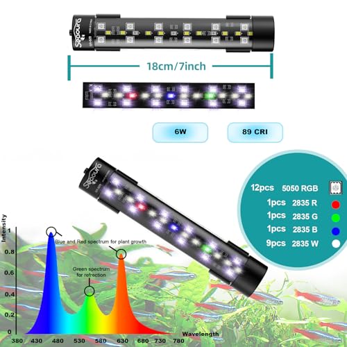 SEAOURA 24/7 Submersible LED Aquarium Light for Plants Fish Tank, 7 Inch | IP 68 Waterproof Full Spectrum Led Aquarium Plant Light with Timer for Growth, 10 Brightness, 8 Colors, Auto On/Off - size: 7 Inch length