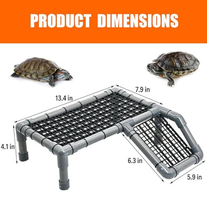 Standing Turtle Basking Platform, Plastic Short Legs Turtle Floating Platform for Low Water Level Tank, 14" Width Resting Area, Docks for Basking with DIY PVC Pipes, Ramp for Reptile Frog Terrapin