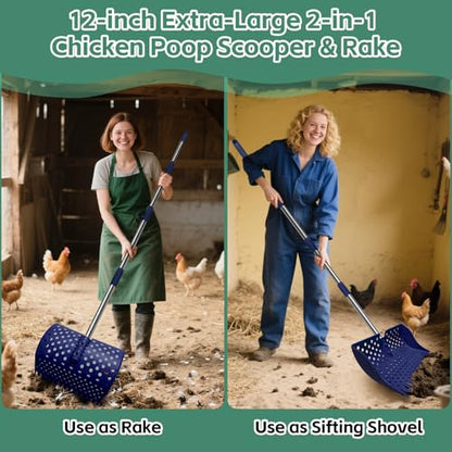 12" 2-in-1 Chicken Poop Scooper & Rake, 3-Shape Sifting Holes Chicken Coop Rake, Stainless Steel Handle (20–61") - Litter Scooper & Sand Sifting Shovel (U.S. Patent No. D1124534) - Blue - color: Blue
