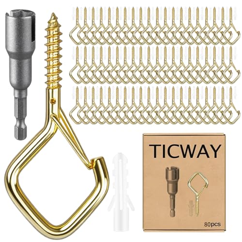 80 Pcs Outdoor Hooks for String Lights,Screw Hooks for Hanging Plants,Ceiling Hooks with Safety Buckle,Square Hanger for Wind Chimes,Bird Feeder,Lanterns,Christmas Decorations Gold - color: Gold, size: 80