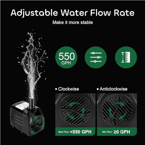 GROWNEER 2 Packs 550GPH Submersible Pump 30W Ultra Quiet Fountain Water Pump, 2000L/H, with 7.2ft High Lift, 3 Nozzles for Aquarium, Fish Tank, Pond, Hydroponics, Statuary - size: 550 GPH 2 Pack