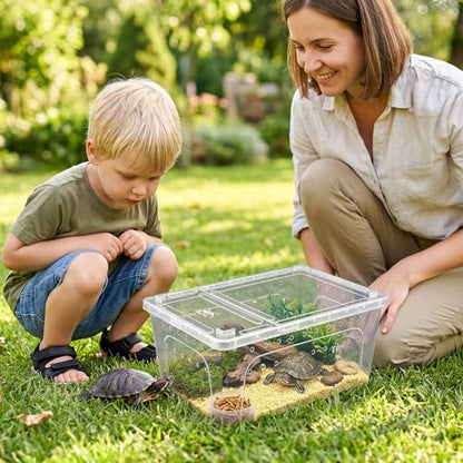Tlence 2 Pack Critter Keeper, 12.6"x8.7"x6" Clear Plastic Enclosure Terrarium, Portable Transport Container with Feeding Bowl, Small Hatching Container with Ventilated Lid for Snake, Lizard, Gecko