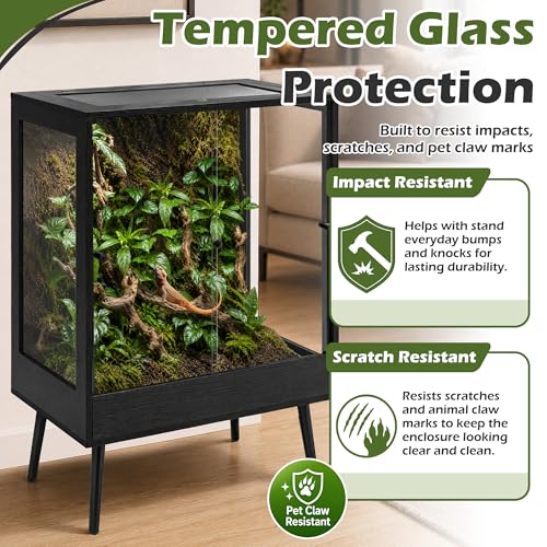 32" x 18" x 36" Tall Reptile Terrarium with Leg Stand, 90 Gallon Vertical Glass Chameleon Cage with Front Opening Doors, Ventilated Mesh Top, Rainforest Habitat for Arboreal Reptiles, Black