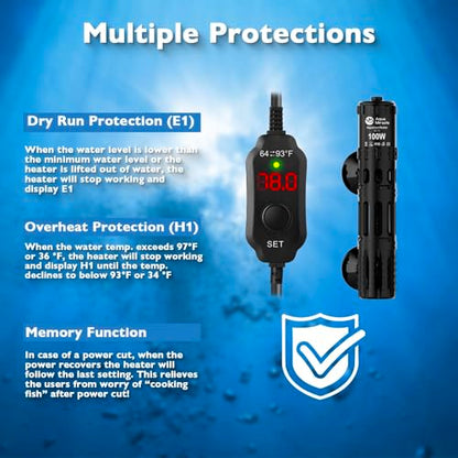 AquaMiracle Submersible Aquarium Heater, 100W Fish Tank Heaters with LED Digital Temp Display, Dry-Run Auto Power-Off & Overheat Protection, for Freshwater and Saltwater Tanks (10-20 Gal) - size: For 10-20 Gal Aquariums