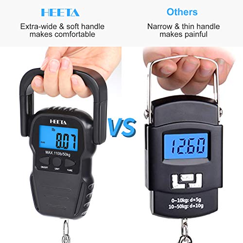 HEETA Fish Scale Digital Fishing Luggage Weight Scale with Measuring Tape | Up 110lb/50kg Portable Hanging Scale with Backlit LCD Display for Home Farm Outdoor Hunting Fishing, 2 AAA Batteries Included - color: Black