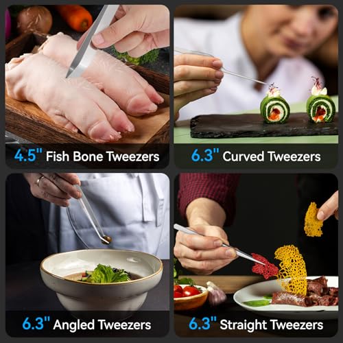 HOTEC Kitchen Tweezers Tongs Stainless Steel, Set of 6 - Professional Cooking Tweezers for Cooking, Chefs, BBQ, Seafood, Baking & Repair - color: Silver, size: 6PCS: 12, 6.3 & 4.5 Inch