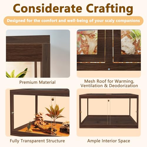 Retile Tank,Bearded Dragon Tank,Lizard Tank with Metal Mesh Roof Door, Acrylic Panel Snake Tank with Lock Design - color: Walnut, size: 27 Gallons