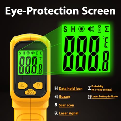 FKM Infrared Thermometer Gun Non-Contact Laser Temperature Gun,-58°F~986°F | Adjustable Emissivity,Digital IR Thermometer Gun for Cooking,Griddle,Pizza Oven,BBQ,HVAC,Automotive,Industrial,Not for Human - color: Yellow