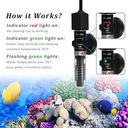 25Watt Mini Aquarium Submersible Betta Heater with Free Thermometer Strip for 1-6 Gallon Fish Tanks (Preset Temperature 78℉)