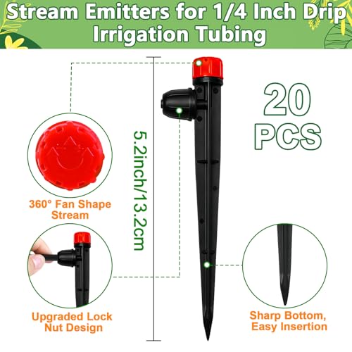 20 Pieces Drip Irrigation Emitters, Adjustable 360 Degree Drip Stream Emitters on 5" with Stake for 1/4" Drip Irrigation Tubing Irrigation 8 Hole Stream Drippers for Garden Watering System - size: Stream Emitters - 20 Pieces