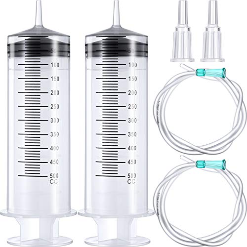 BBTO 2 Pieces Large Plastic Syringe with Tube 40 Inch Handy Plastic Tubing and Connections for Scientific Lab,Glue Dispensing,Watering,Refilling,Feeding and Measuring(500 ML) - size: 500 ML