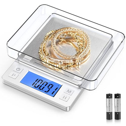 BOMATA 0.01g High Precision Jewelry Scale, 1000g Digital Gram Scale, Silver | Small & Portable Design with Hold, Tare & Counting Function, Precise for Gold, Bullion, Coins, Gemstones & Crafts - color: Silver