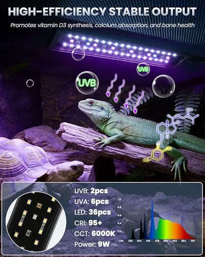 9.8 Inch Reptile LED UVB Light, Ferguson Zone 1-4 Selectable, Auto Cycle Timer, Independent Brightness Adjustment, 9W 6000K Energy-Saving Reptile Lamp (Not a Heat Lamp)