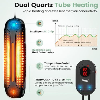 hygger 1000W Aquarium Heater with Controller, Submersible Fish Tank Heater Intelligent Leaving Water Automatica Stop Heating and Overheat Protection,105-238 Gal Turtle Heaters for Freshwater Saltwater - size: L-1000W for 105-238 Gallon