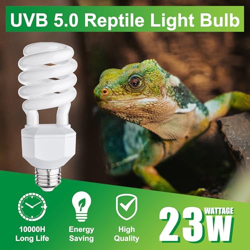 UVB Reptile Light Bulb 5.0, 23W UV Spiral Compact Florescent Terrarium Lamp Ideal for Tropical Reptiles Bearded Dragon Hermit Crab Turtle Leopard Gecko Tank Chameleons Iguanas Snake - 2 Pack - size: UVB5.0