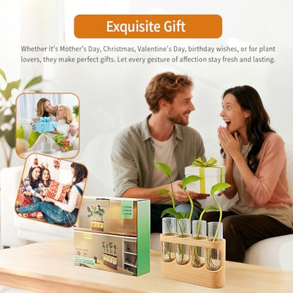 Rechargeable Plant Propagation Station with Wooden Stand,Desktop Terrarium Home Decor Dimmable LED Light 4 Glass Tubes Vases for Hydroponic Plants for Women