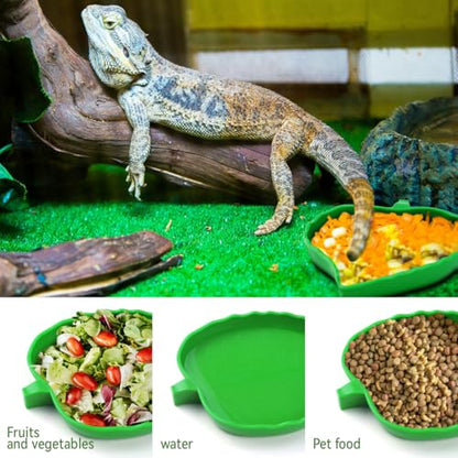 2 Pcs Leaf Reptile Food Water Bowl Plate Dish for Tortoise, Lizards, Young Bearded Dragons, Small Snakes, 2 Sizes