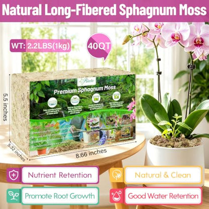Riare 2.2LB Premium Sphagnum Moss for Plants- Natural Long Fiber Plant Moss | 40QT High Expansion, Moisture Retention, Drainage, Dried Orchid Moss for Succulent, Carnivorous, Ferns, Reptiles & Terrariums - size: 40QT/2.2lbs