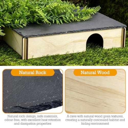 PINVNBY Large Bearded Dragon Basking Platform, Wooden Snake Hide, Ball Pythons Hide with Slate Rock, Leopard Gecko Tank Accessories for Crested Gecko Chameleon Turtles (XL: 15.7x9.84x2.76 inches) - size: XL: 15.7x9.84x2.76 inches