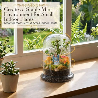 Hushee 5 Pack Decorative 1 Glass Cloche Dome 6.3'' x 4.7'' with 3 Mushroom & 1 Fairy Figurines Closed Terrarium Glass Cloche with Base for Desk Mini Plant Indoor Miniature Tabletop - No Plants - size: 6.3'' X 4.7''