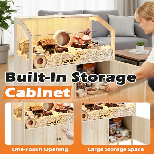 PROLEE Hamster Cage with Storage Cabinet,Large Hamster Encloure Chew Proof Wood,Clear View Hamster Habitat for Guinea Pig, Ferret, Rat, Hedgehog, 40" L x 20" W x 47" H (Oak) - color: Oak