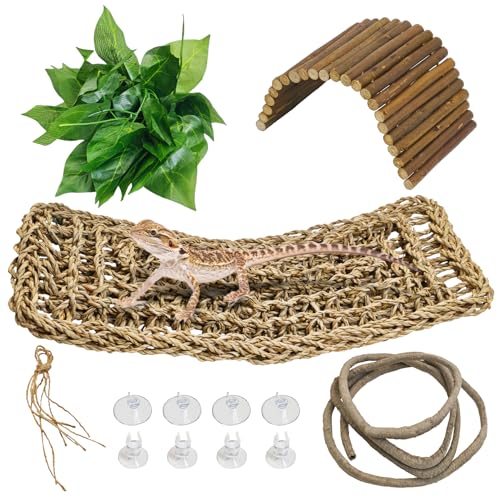 kathson Bearded Dragon Hammock Reptile Hideout Wooden Bridge Jungle Climber Vines Flexible Reptile Leaves with Suction Cups Reptile Habitat Decor for Chameleon, Lizards, Gecko, Snakes Climbing Hiding