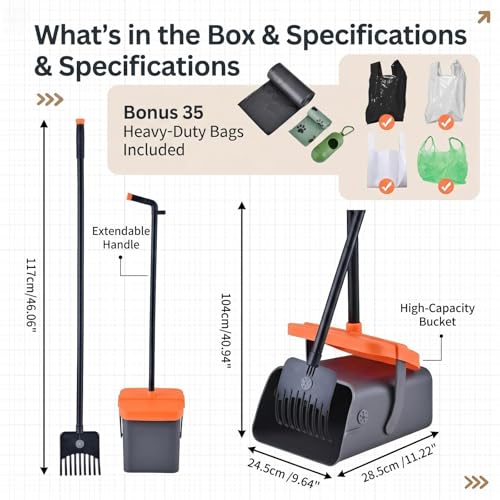 46-Inch Dog Pooper Scooper, Swivel Bin & Rake Set with Extended Handle, Odor-Sealing Lid, Bag Holder + 35 Free Waste Bags, for Large Small Dogs, Yard & Outdoor Use