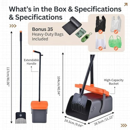 46-Inch Dog Pooper Scooper, Swivel Bin & Rake Set with Extended Handle, Odor-Sealing Lid, Bag Holder + 35 Free Waste Bags, for Large Small Dogs, Yard & Outdoor Use