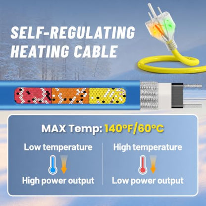 50ft Upgraded Dual Lights Heat Tape for Pipes with Thermostat | Power-Heating Dual Status, Self Regulating Heat Trace, Water Line Heating Cable for Metal & Plastic Pipes, 5W/ft - style: 50-feet
