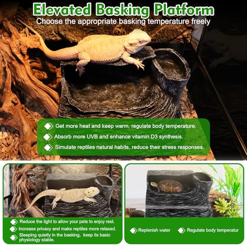 Reptile Hideout Snake Hide Cave Turtle Basking Platform with Food Bowl Shale Scape Step Ledge Climbing Platform Bearded Dragon Tank Accessories Rock Landscaping Decor for Chameleon Lizard Gecko, Large