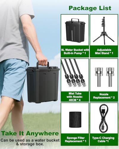 Portable Misting System with Stand, Water Cooling Misters Set for Outside Patio - 9L Bucket Built-in 10000mAh Battery & PCS Pump & Timer for Outdoor, Canopy, Sport, Golf, Beach, Greenhouse, Camp