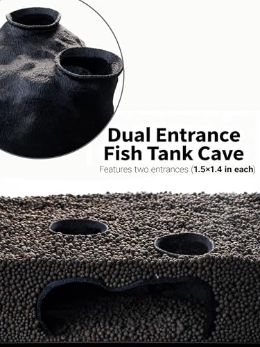 Dual-Entrance Rock-Texture Cave – Fish Tank Shelter & Aquarium Decor with 2 Tunnels, 6×3.4×2.3in (Black) - color: Black