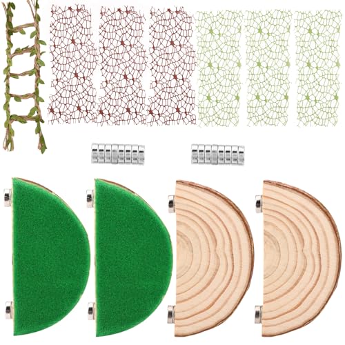 Jumping Spider Enclosure Accessories Kit, 4 Wood Ledges 6 Climbing Webs 1 Hemp Rope Bridge Spider Habitat Decor Enrichment Set for Small Reptile Terrarium Climbing Resting & Exploration