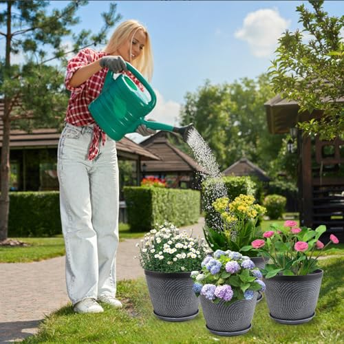 Quarut 4 Pack 6 Inch Flower Pots Planters for Outdoor Indoor, Plastic Plant Pots with Drainage Hole & Tray, Modern Decorative Garden Pot with Saucer, planters for House (Gray) - color: Gray, size: 6 Inch