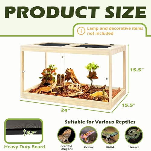 31 Gallon Bearded Dragon Tank, 24 x 16 x 16 Inch Tempered Glass Reptile Enclosure with Metal Mesh Top, Lockable Sliding Front Doors, Large Lizard and Snake Terrarium, Oak - color: Oak, size: 31 Gallon (24x15.5x15.5 Inch)