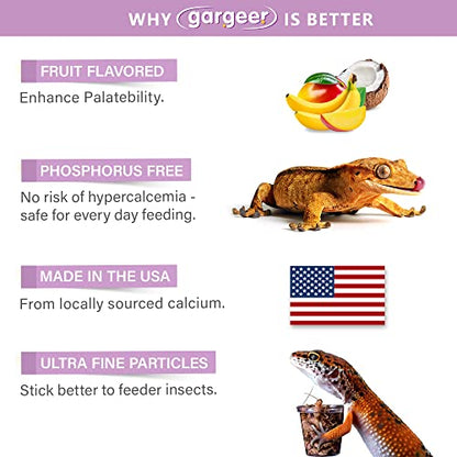 4oz Gecko Calcium with D3, Phosphorus-Free, Ultrafine, Made in USA | Essential D3 calcium supplement for non-UVB setups. Organic banana, mango & coconut dust coats live insects easily