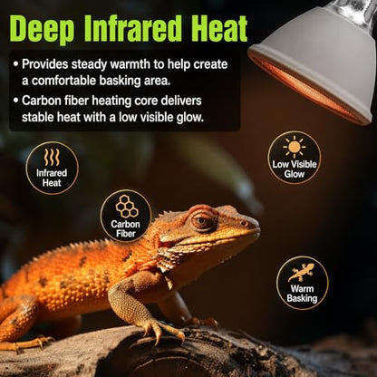 Deep Heat Projector for Reptiles 100W, Carbon Fiber Infrared Heat Lamp Bulb, Virtually No Visible Light Basking Heater for Bearded Dragon, Turtle, Gecko, Snake