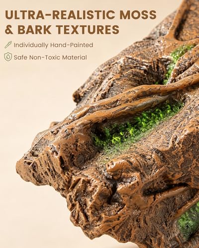 Resin Tree Bark Reptile Hide Cave for Snakes, Geckos & Lizards | Relieves Reptile Stress, Resin, Odor-Free, Realistic Bark Texture with Faux Moss