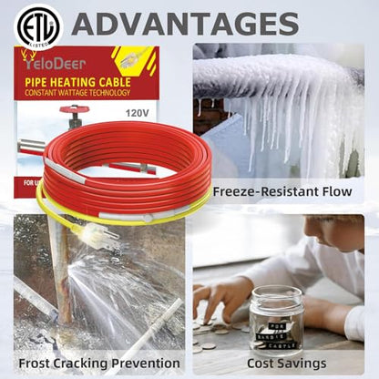 55ft Heat Tape with Thermostat, Electric Pipe Heating Cable 7W/ft | Heated Tape for Water Pipes, Energy-Saving Water Line Heater Trace Cable for Metal & Plastic Home Pipes, 120V