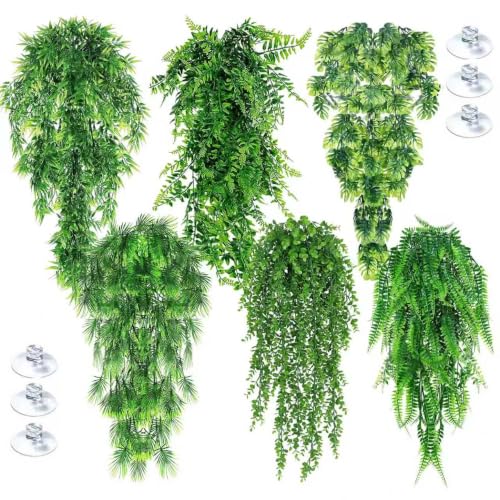 Reptile Plants for Bearded Dragon Tank Accessories, 6 Pack Terrarium Hanging Vines Artificial Leaves with Suction Cups for Lizard, Gecko, Snake, Chameleon Habitat Decor - color: Rp-b-3