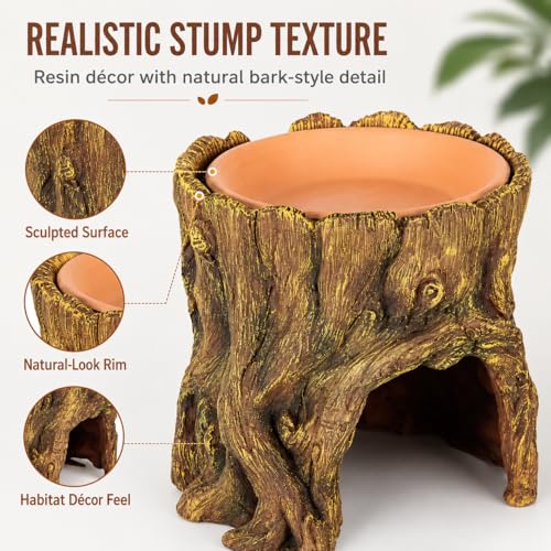 Reptile Hide Cave with Removable Top Dish, Resin Tree Stump Terrarium Decor, 2-in-1 Lizard Gecko Hideout Shelter and Feeding Bowl for Small Reptiles, 5.2 x 5.2 x 5.2 in