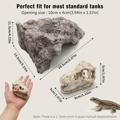 Anxingo Reptile Rock Reptile Cave Hideout for Snakes/Geckos/Lizards/Turtles and Other Amphibians, with Dinosaur Skull (Medium) - size: M
