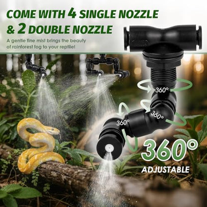 LANUEVA Reptile Humidifier Misting System with 6 Nozzles for Terrarium | Quieter Terrarium Mister with 4 Single 360° Misting Nozzle+2 Double Nozzle, Reptile Fogger for Tank, Chameleon, Lizard, Snake