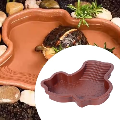 Reptile Bathing Pool with Ramp, Turtle Water Dish and Feeding Basin for Aquarium Habitat Decor, Brown