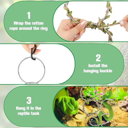 Snake Climbing Rings for Ball Python-Enrichment Snake Enclosure Accessories | Snake Climbing Accessories with Hanging Buckle, Rattan Rope for Bearded Dragon, Chameleon, Iguana, Gecko, Lizard, Parrot