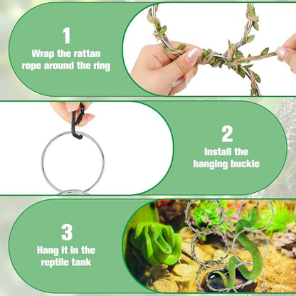 Snake Climbing Rings for Ball Python-Enrichment Snake Enclosure Accessories | Snake Climbing Accessories with Hanging Buckle, Rattan Rope for Bearded Dragon, Chameleon, Iguana, Gecko, Lizard, Parrot