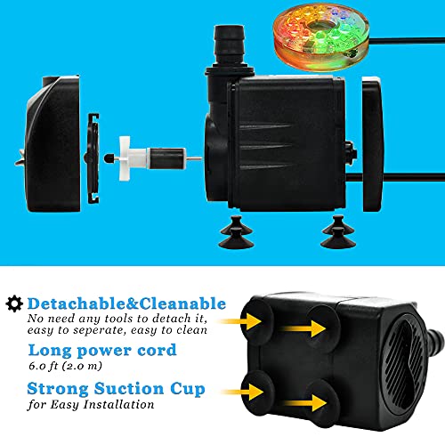 160GPH Small Fountain Pump, 10Watt Submersible Pump with Automatic Color Changing LED Light and 3.3 ft Tubing for Water Feature, Outdoor Pond, Aquarium fish tanks