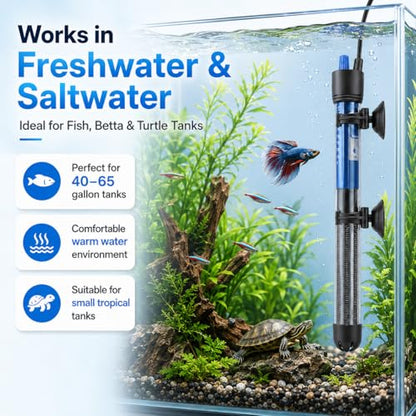 Mylivell Fish Tank Aquarium Heater - Adjustable Submersible 200W Aquarium Heater with Thermostat for 40-65 Gallon Betta, Turtle, Saltwater and Freshwater Tanks