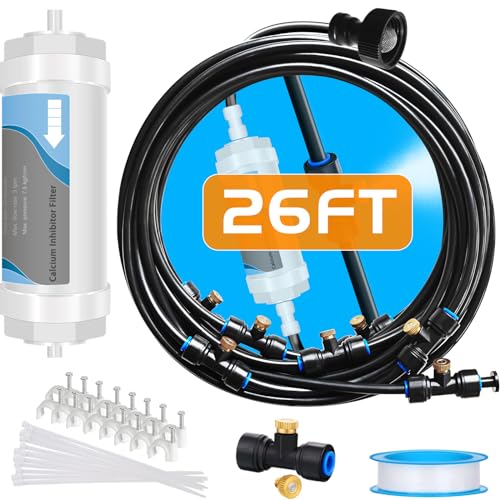 Misting System with Water Filter - Upgraded Signice 26 Ft (8M) Line & 7 Brass Mist Nozzles Outdoor Misters for Patio Cooling Mister Systems Kit for Outside Garden Backyard Greenhouse (Black) - size: 26 Ft
