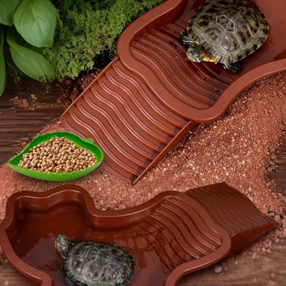 3 PCS Tortoise Water Dish Reptile Bathing Pool with Removable Ramp and Leaf Reptile Food Dish & Water Bowl Tortoise Habitat Accessories for Turtle, Gecko, Snake, Bearded Dragon, Lizard